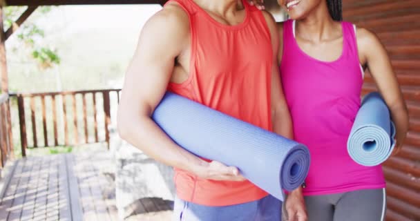 Portrait Happy African American Couple Holding Yoga Mats Log Cabin — Stock Video