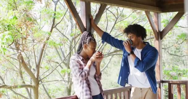 Mutlu Afro Amerikan Çifti Odunlukta Kahve Içiyor Ağır Çekimde Yaşam — Stok video