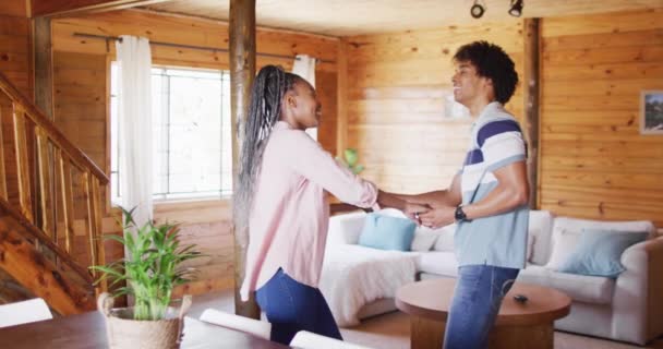 Happy African American Couple Dancing Together Log Cabin Slow Motion — Stock video