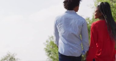 Mutlu Afro-Amerikan çifti güneşli bir günde birlikte yürüyor ve el ele tutuşuyor, ağır çekimde. Açık hava yaşam tarzı, kırsal ve doğa kavramı.