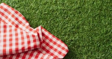 Close up of red and white checkered blanket on grass with copy space. Picnic day, food and nature concept.