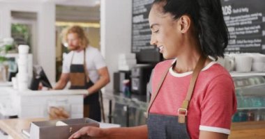 Portrait of happy biracial female barista, smiling behind the counter in cafe. Local business owner and hospitality concept.