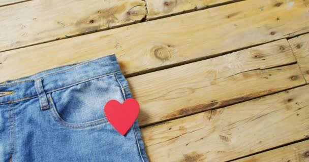 Close Jeans Red Heart Wooden Background Copy Space Denim Day — Stock videók