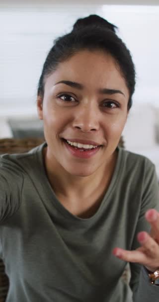 Vertical Video Happy Biracial Woman Making Video Call Smiling Laughing – Stock-video