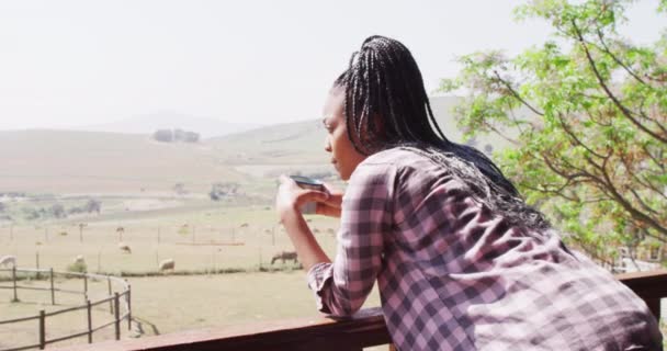 Zamyšlená Afroameričanka Pije Kávu Srubu Zpomaleně Životní Styl Domácí Život — Stock video