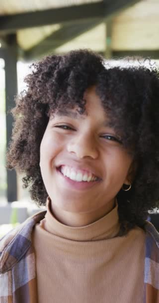Vertical Video Portrait Happy African American Teenager Girl Home Slow — Vídeos de Stock