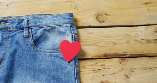 Close Jeans Red Heart Wooden Background Copy Space Denim Day — Wideo stockowe