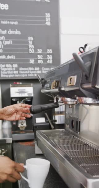 Vertical Video Biracial Female Barista Preparing Coffee Coffee Machine Cafe — Wideo stockowe