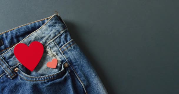 Close Jeans Red Hearts Grey Background Copy Space Denim Day — Stock videók