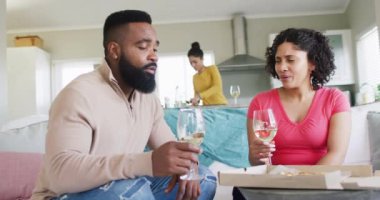 Three happy diverse female and male friends toasting with wine at home, in slow motion. Free time, friendship and lifestyle concept.