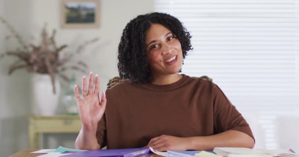Biracial Woman Making Business Video Call Home Talking Gesturing Slow — Stockvideo