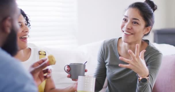 Diverse Male Female Friends Talking Having Tea Home Slow Motion — Stockvideo