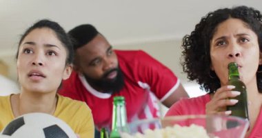 Diverse female and male friends drinking beer watching football on tv at home, in slow motion. Free time, friendship and lifestyle concept.