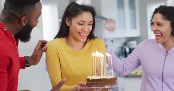 Happy Biracial Woman Holding Birthday Cake Celebrating Birthday Diverse Friends — Stock Video