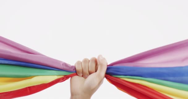 Video Hand Caucasian Man Holding Rainbow Fabric Gender Lgbt Queer — Wideo stockowe