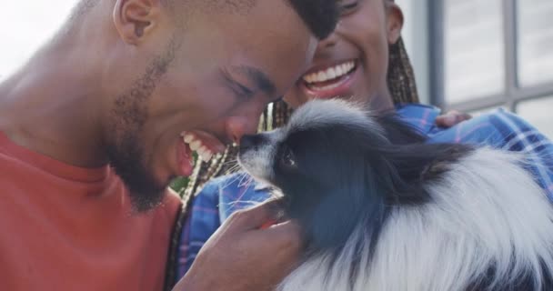 Glad Afrikansk Amerikansk Par Klappa Hund Trädgården Livsstil Relation Tillbringa — Stockvideo