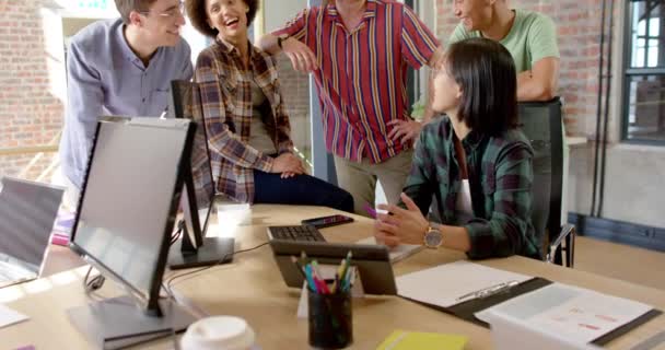 Group Portrait Happy Diverse Male Female Colleagues Smiling Casual Office — Video
