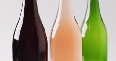 Three diverse types of wines in bottles over white surface. Wine, alcohol, beverage and wine tasting concept.