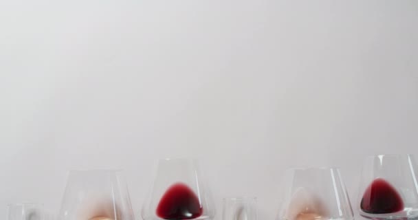 Glazen Met Diverse Soorten Wijnen Liggen Een Grijs Oppervlak Met — Stockvideo