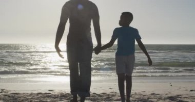 Video of happy african american father and son walking on beach at sunset. Holidays, vacations, relax and spending quality family time together concept.