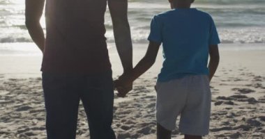 Video of happy african american father and son walking on beach at sunset. Holidays, vacations, relax and spending quality family time together concept.