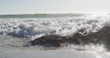 Video of waves crashing on the beach. Holidays, vacations, relax and summer concept.