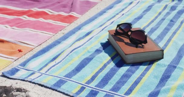 Video Sunglasses Book Towels Beach Equipment Lying Beach Holidays Vacations — Stockvideo