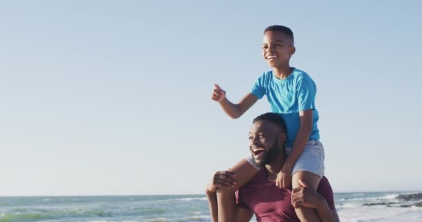 幸せなアフリカ系アメリカ人の父親の腕の上に息子を運ぶとビーチを歩くビデオ 関係と一緒に質の高い家族の時間を過ごすコンセプト — ストック動画
