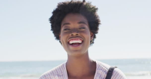 Відео Обличчя Щасливої Афро Американської Жінки Яка Дивиться Камеру Пляжі — стокове відео