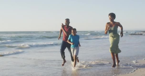 Video Familia Afroamericana Feliz Divirtiéndose Playa Vacaciones Vacaciones Relaciones Pasar — Vídeos de Stock