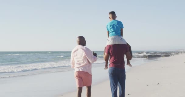 非洲裔美国人的祖父和父亲抱着儿子在海滩上散步的录像 关系和共同度过高质量家庭时间的概念 — 图库视频影像