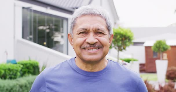 Portrait Happy Senior Biracial Man Looking Camera Garden Spending Quality — Stock video
