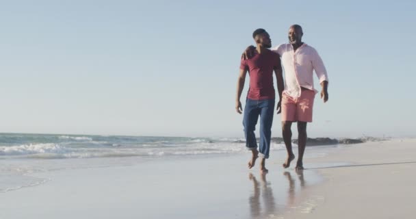 Video Feliz Afroamericano Padre Mayor Adulto Hijo Caminando Playa Vacaciones — Vídeos de Stock