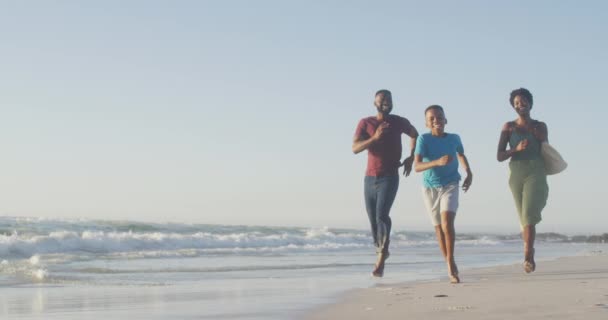 Video Familia Afroamericana Feliz Divirtiéndose Playa Vacaciones Vacaciones Relaciones Pasar — Vídeos de Stock