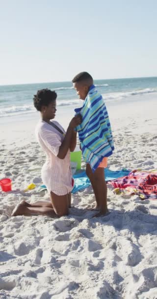 Vertical Video Happy African American Mother Son Beach Having Fun — Video