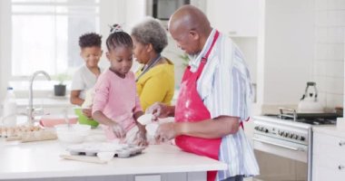 Afro-Amerikan dedeleri torunları ve torunlarıyla yemek pişiriyor, yavaş çekimde. Aile, aşçılık ve birliktelik kavramı.