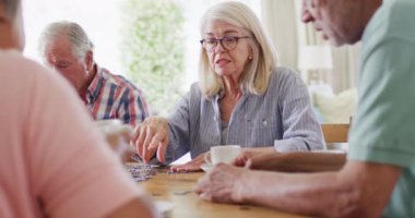 Diverse group of happy senior male and female friends talking in living room, slow motion. Friendship, relaxation and senior lifestyle.