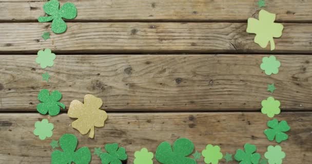 Shamrocks Copy Space Wooden Background Irish Tradition Patrick Day Celebration — Stockvideo