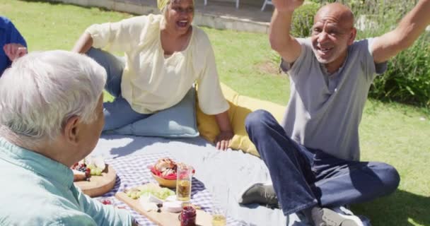 Güneşli Bahçede Arkadaşlarıyla Piknikte Konuşan Iki Mutlu Kıdemli Adam Ağır — Stok video