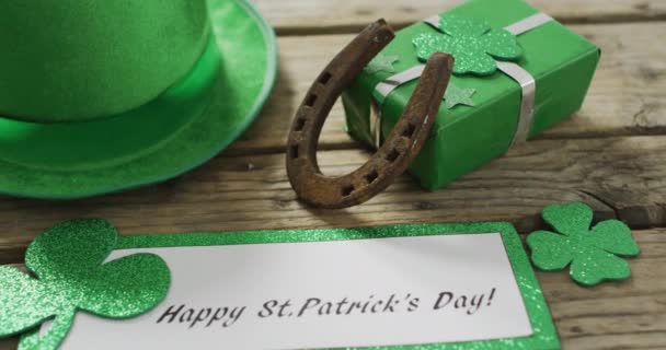 Happy Patricks Day Text Shamrocks Green Hat Copy Space Wooden — Stockvideo