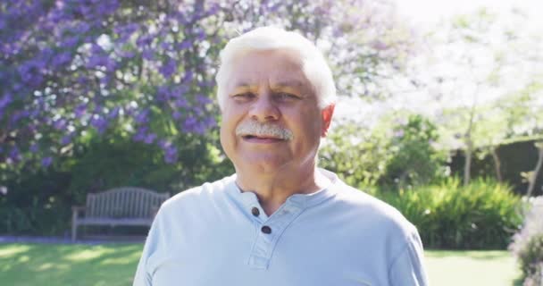 Portrait Happy Senior Caucasian Man Moustache Smiling Garden Slow Motion — Stockvideo