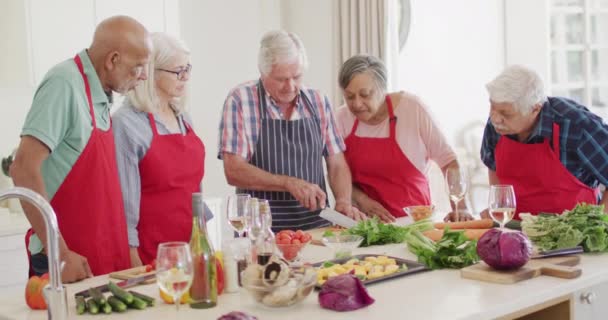 キッチンで料理を準備し 多様なシニア男性と女性の友人の幸せなグループ スローモーション アクティブなシニアライフスタイル — ストック動画