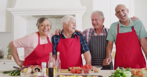 Portrait Happy Diverse Senior Male Female Friends Preparing Food Kitchen — Vídeo de Stock