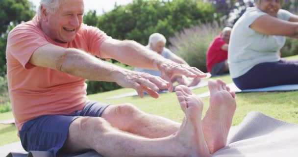 정원에서 운동을 연장자들 발가락을 접촉하여 천천히 코카서스 건강하고 활동적 노인들 — 비디오