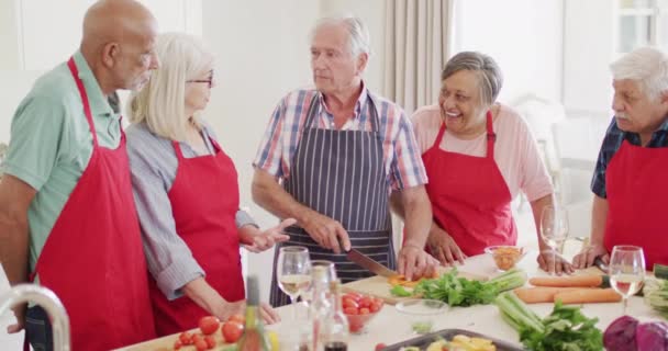 Happy Group Diverse Senior Male Female Friends Preparing Food Talking — Stock Video
