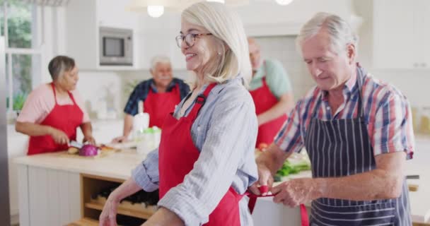 Happy Caucasian Senior Couple Putting Aprons Kitchen Diverse Friends Slow — ストック動画