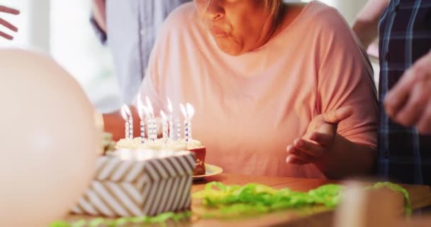 Happy Senior Woman Having Birthday Party Cake Diverse Senior Friends — Stockvideo