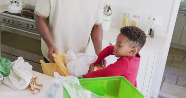 幸せなアフリカ系アメリカ人の父親と息子の台所で廃棄物を分類し ゆっくりと動きます 質の高い時間 家庭生活 子供時代の概念を過ごす — ストック動画