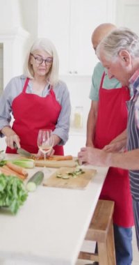 Vertical video of diverse senior male and female friends preparing food in kitchen, slow motion. Friendship, cooking and active senior lifestyle.