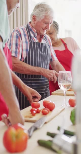 Vertical Video Diverse Senior Male Female Friends Preparing Food Kitchen — Stockvideo